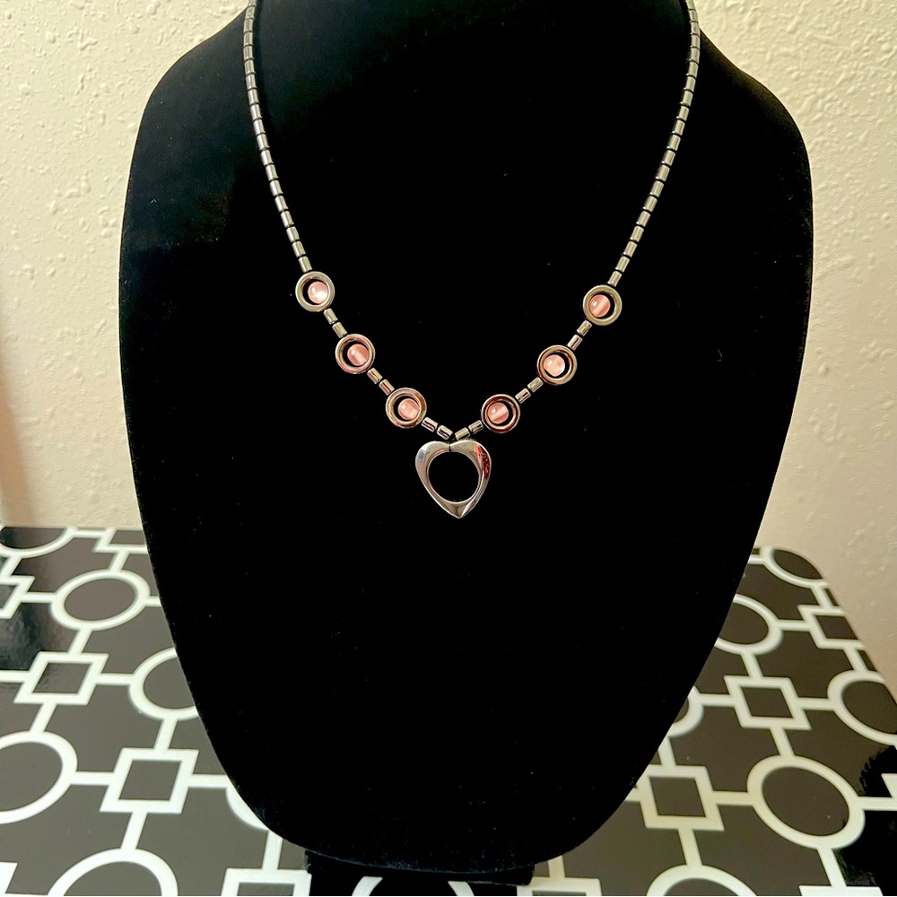 Hematite Open Heart Vintage Necklace w/Pink Cat’s Eye Accent Beads & Screw Clasp